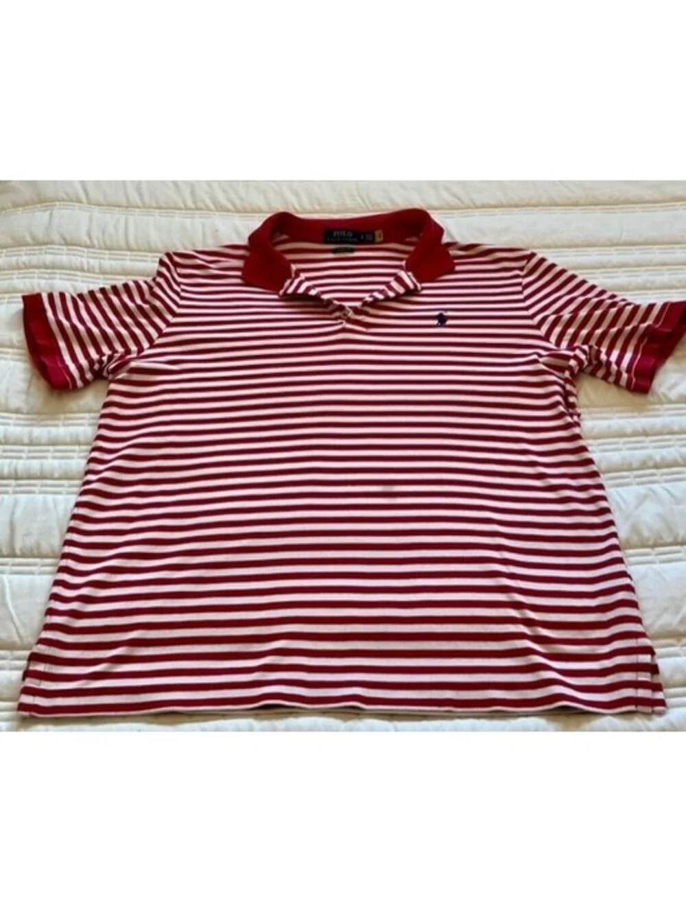 Polo Ralph Lauren Red & White Striped Short Sleeve Clsssic Fit Collared Shirt.